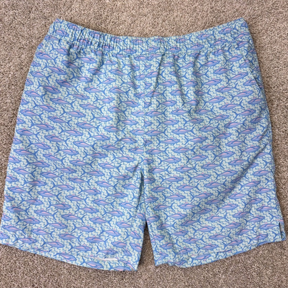 Peter Millar Swim Trunks Mens L Crown Sport Blue Tuna Fish Print EUC